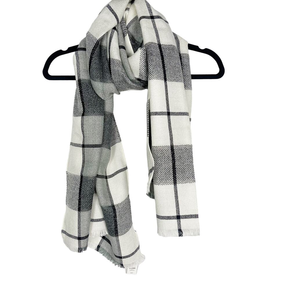 New Talbots Cream Gray Black Windowpane Plaid Scarf Shimmer Wool Blend Fringe